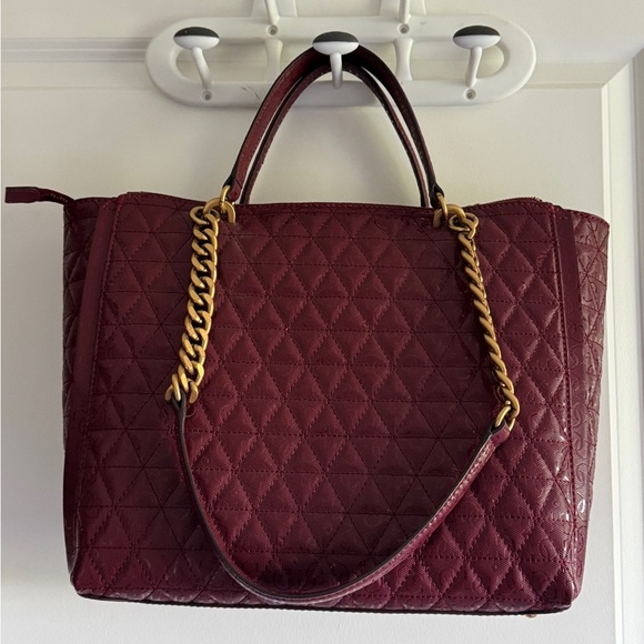 Guess Burgundy Quilted Tote with Gold Chain - Picture 11 of 12